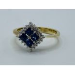 18ct gold, sapphire and diamond ring in square setting, 5.7gms