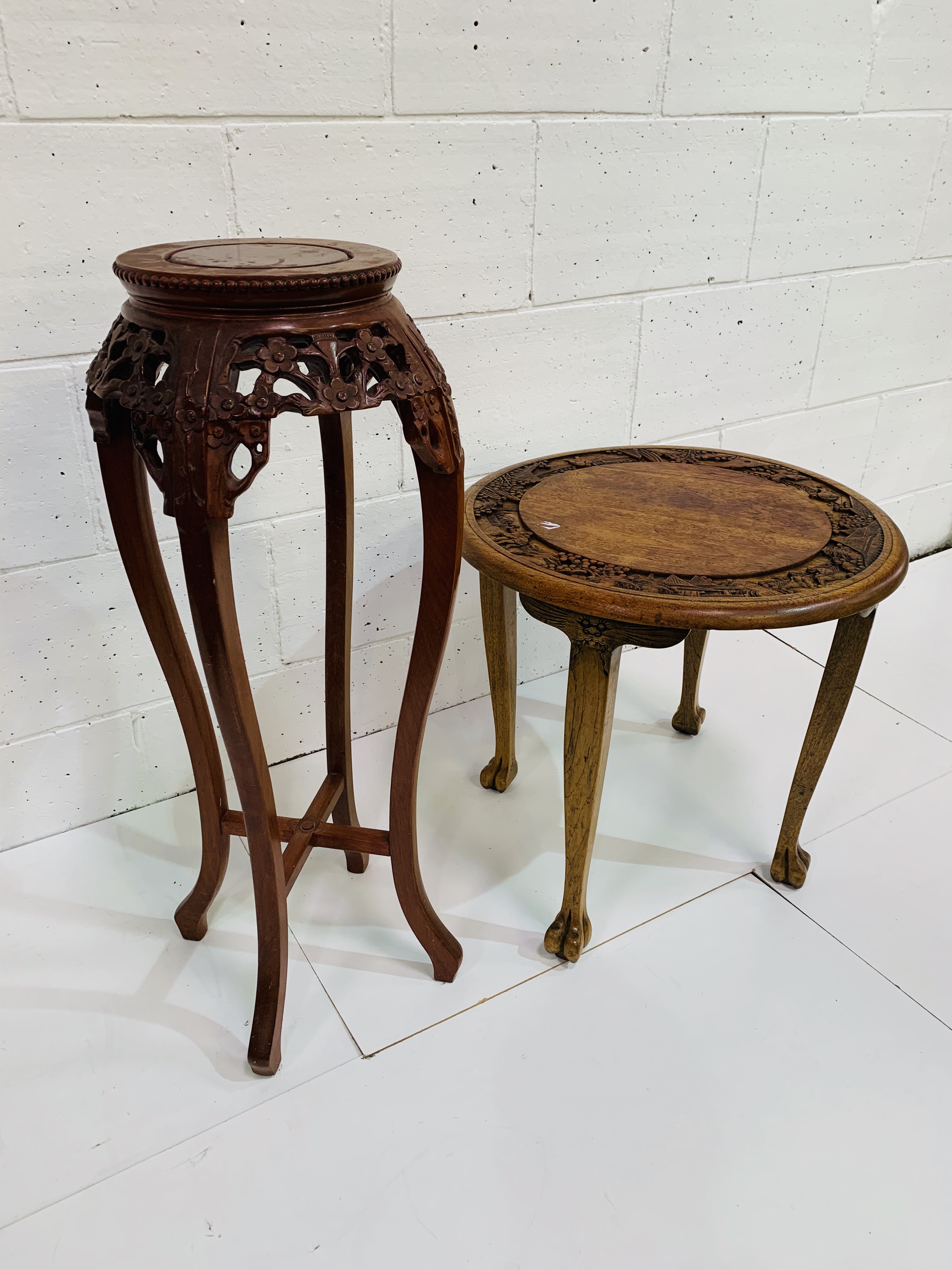 A circular carved oak table on four legs, and a hardwood pot stand. - Image 2 of 2