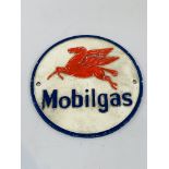 Workshop used, Mobilgas cast round metal sign.