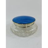 Glass trinket pot with blue enamel glazed silver lid, by W G Sothers Ltd