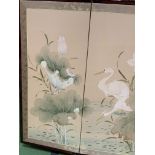 Four fold panel with painting on silk depicting storks and plants.