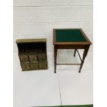 Small oak games table with green baize skiver; and a stationery tidy.