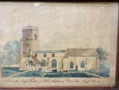 Framed and glazed watercolour entitled 'A South East View of Hintlesham Church, Suffolk'.