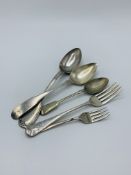 Silver spoon and two silver forks, together with two silver plated spoons.