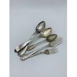 Silver spoon and two silver forks, together with two silver plated spoons.