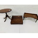 Mahogany oval tilt top wine table; mahogany lecturn; and a mahognay bed tray.