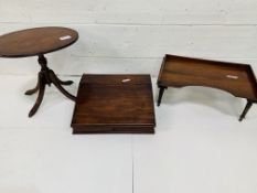 Mahogany oval tilt top wine table; mahogany lecturn; and a mahognay bed tray.