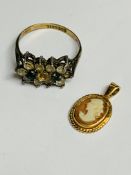 9ct gold and silver blue and white stone ring and 9ct gold cameo pendant.