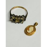 9ct gold and silver blue and white stone ring and 9ct gold cameo pendant.