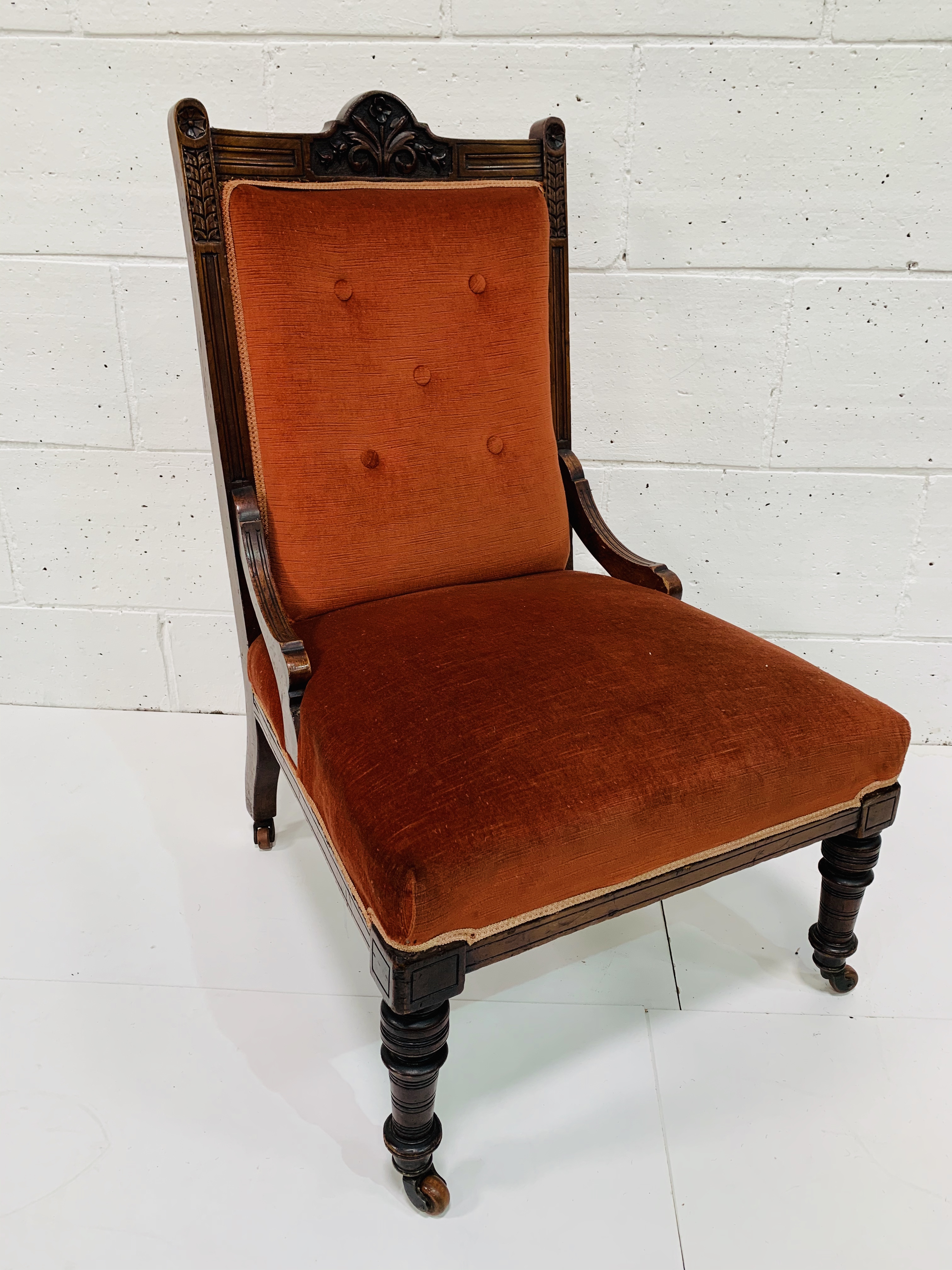 Mahogany framed burnt orange upholstered Edwardian drawing room chair. - Image 2 of 3