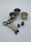 Two silver pots; a silver napkin ring; two silver thimbles; five silver coffee bean spoons.