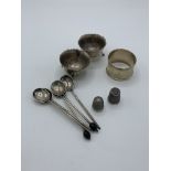 Two silver pots; a silver napkin ring; two silver thimbles; five silver coffee bean spoons.