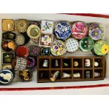 Large collection of assorted pill boxes and display rack of thimbles.