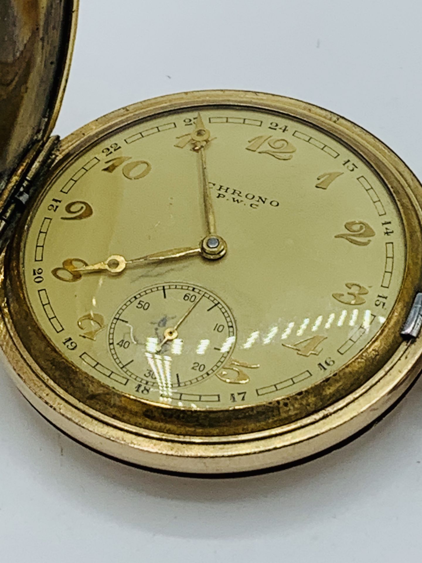 Swiss gold plated case hunter pocket watch, stamped Chrono P.W.C. - Image 2 of 5