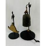 Bronzed metal temple bell on stand with hammer; together with a shaped brass gong on stand.