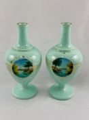 Pair Turquoise glass bottle vases with gilded finish and picture cartouches