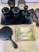 Ebonised dressing table set, clock, and oil painting