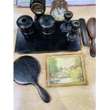 Ebonised dressing table set, clock, and oil painting