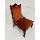 Mahogany framed burnt orange upholstered Edwardian drawing room chair.