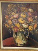 Large still life 'Flowers in Vase' oil on canvas, by Lea Vanderstraeten 67 x 77cms.