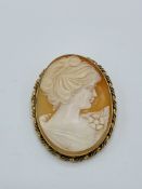 Victorian shell cameo, side profile of a lady, set in 9ct gold bezel.