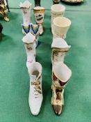 9 china collectable boots, together with one brass and one pewter
