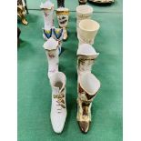 9 china collectable boots, together with one brass and one pewter