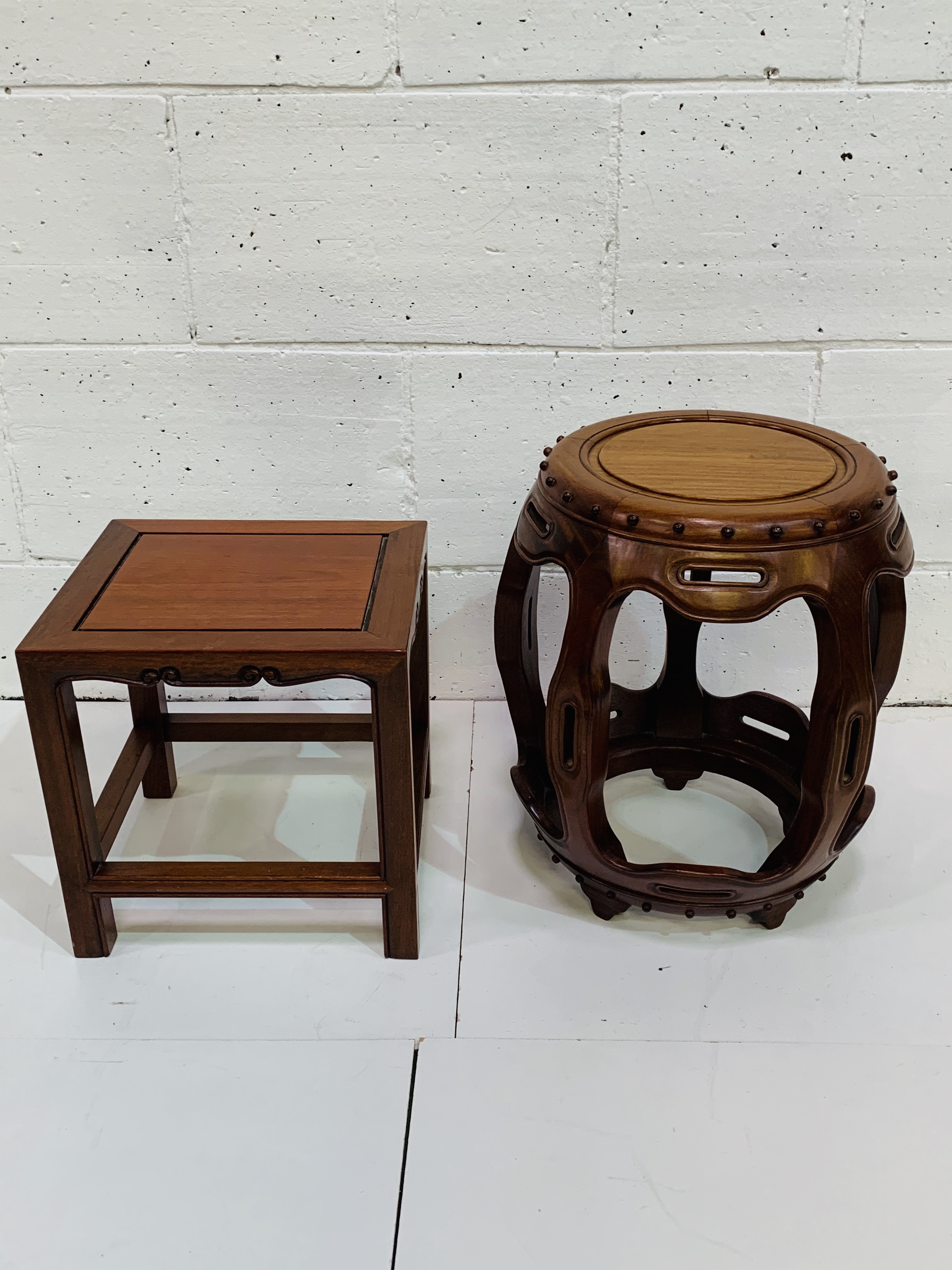 Chinese hardwood barrel side table; together with a square stool.