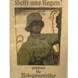 Framed and glazed German WWI advertising poster promoting war bonds.