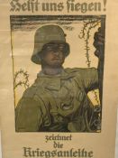 Framed and glazed German WWI advertising poster promoting war bonds.