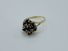 9ct gold, sapphire and diamond chip ring, 3.1gms