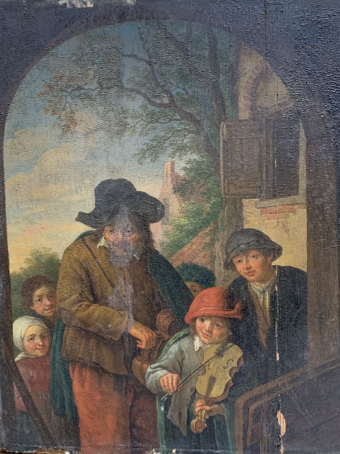 Framed oil on board in the manner of 17th Century Dutch school, possibly Adriane Van Ostade.