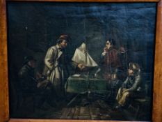 Fruitwood framed oil on canvas of 18th Century sailors, and another oil on canvas