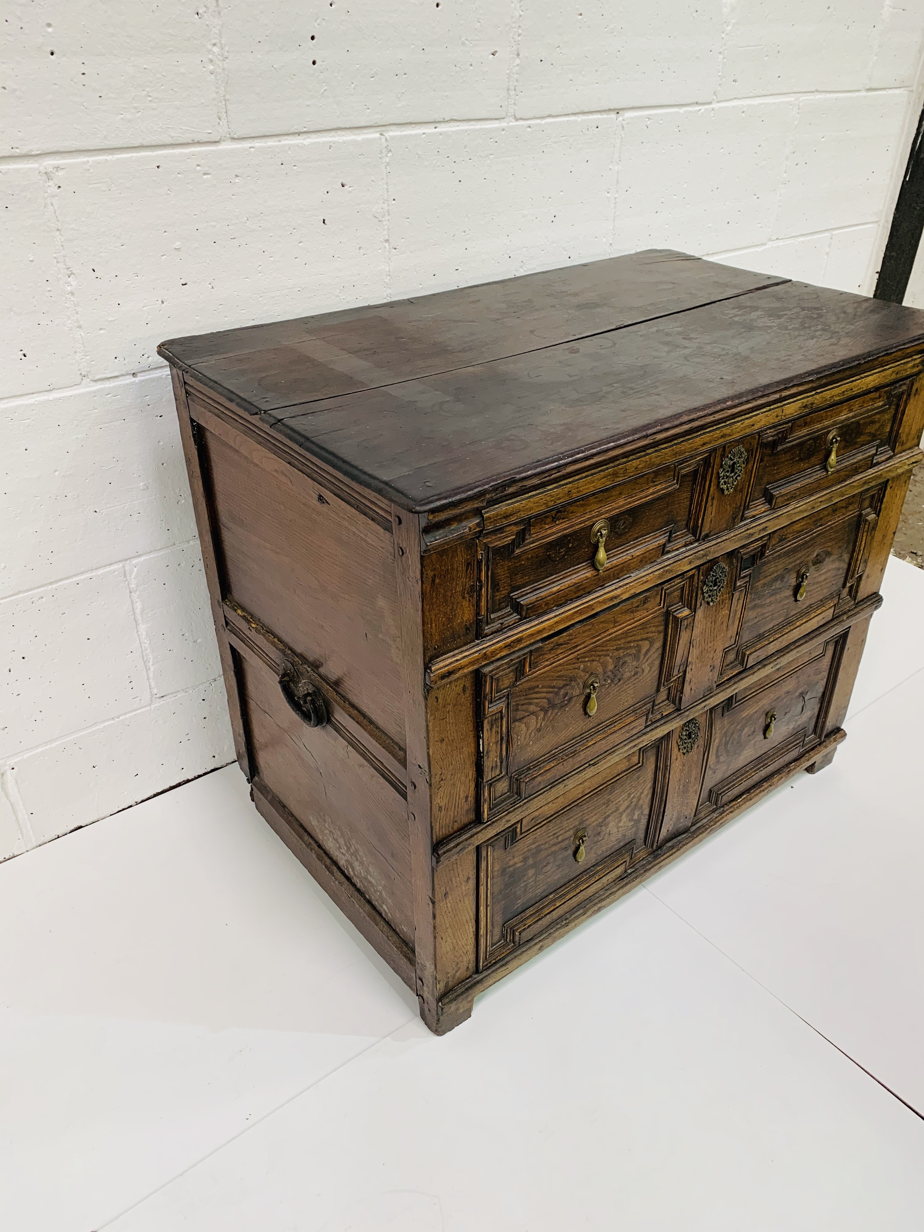 17th Century oak Jacobean style chest of three drawers with geometric moulded fronts. - Image 3 of 6