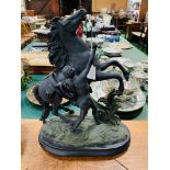 Early 20th Century coloured spelter marley horse & handler on wood plinth.