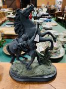 Early 20th Century coloured spelter marley horse & handler on wood plinth.