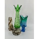 Whitefriars collection tall meadow green knobbly vase, beak vase, and matching knobbly vase and dish