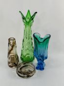 Whitefriars collection tall meadow green knobbly vase, beak vase, and matching knobbly vase and dish