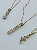 3 x 9ct and diamond pendant necklaces, 7.4gms