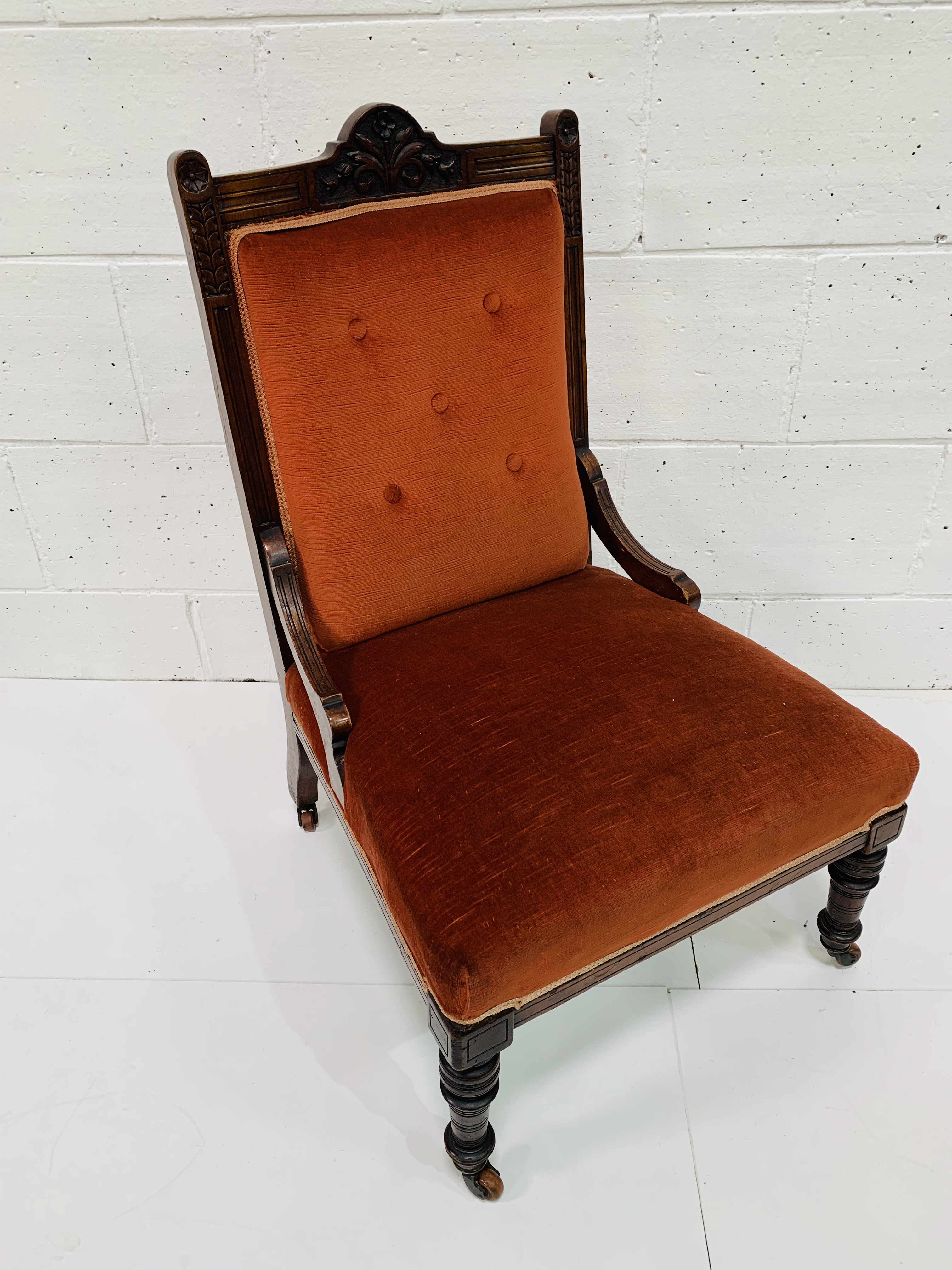 Mahogany framed burnt orange upholstered Edwardian drawing room chair. - Image 3 of 3