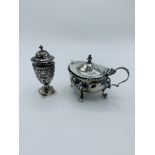 Hallmarked silver mustard pot and spoon, together with a hallmarked silver pepper pot