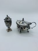 Hallmarked silver mustard pot and spoon, together with a hallmarked silver pepper pot