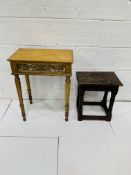 18th Century oak joint stool, together with a gilt carved small table.