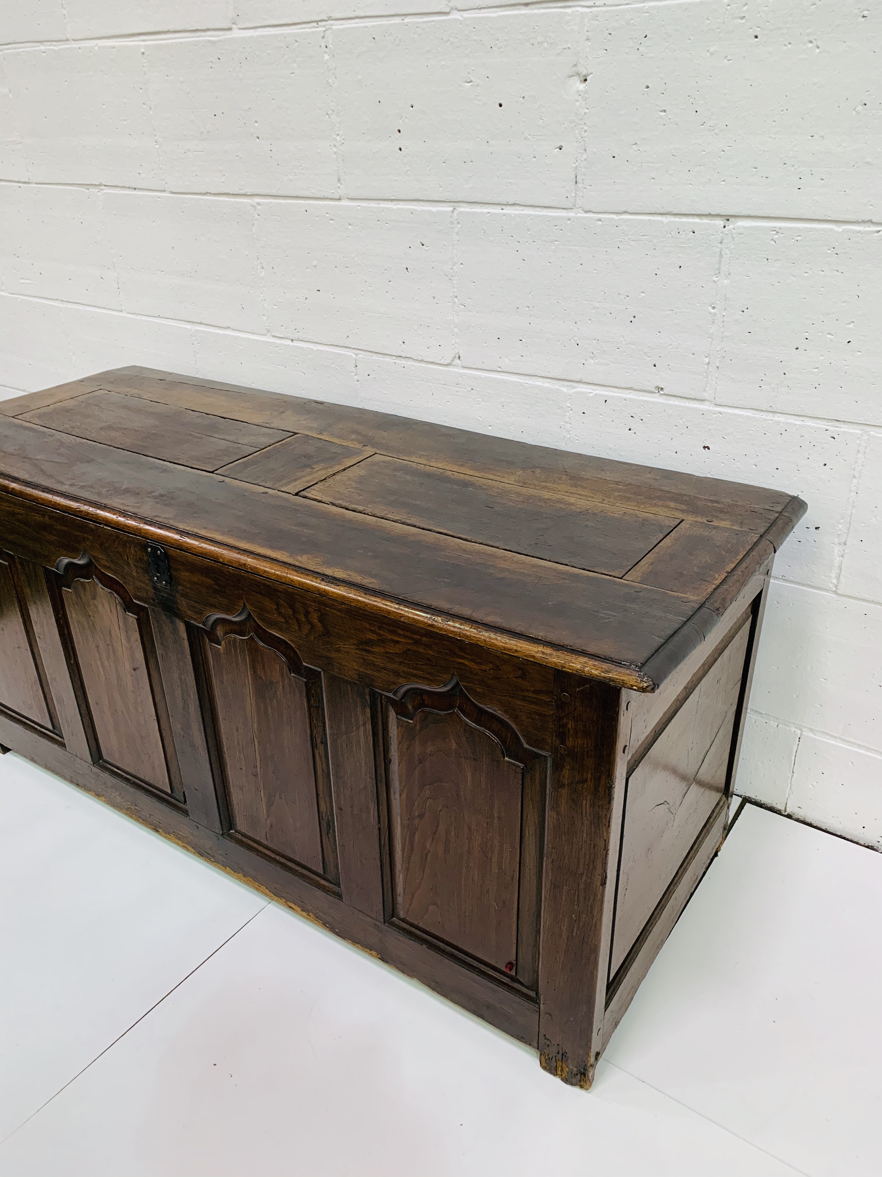 Large oak chest with four carved panels to front. - Image 2 of 4