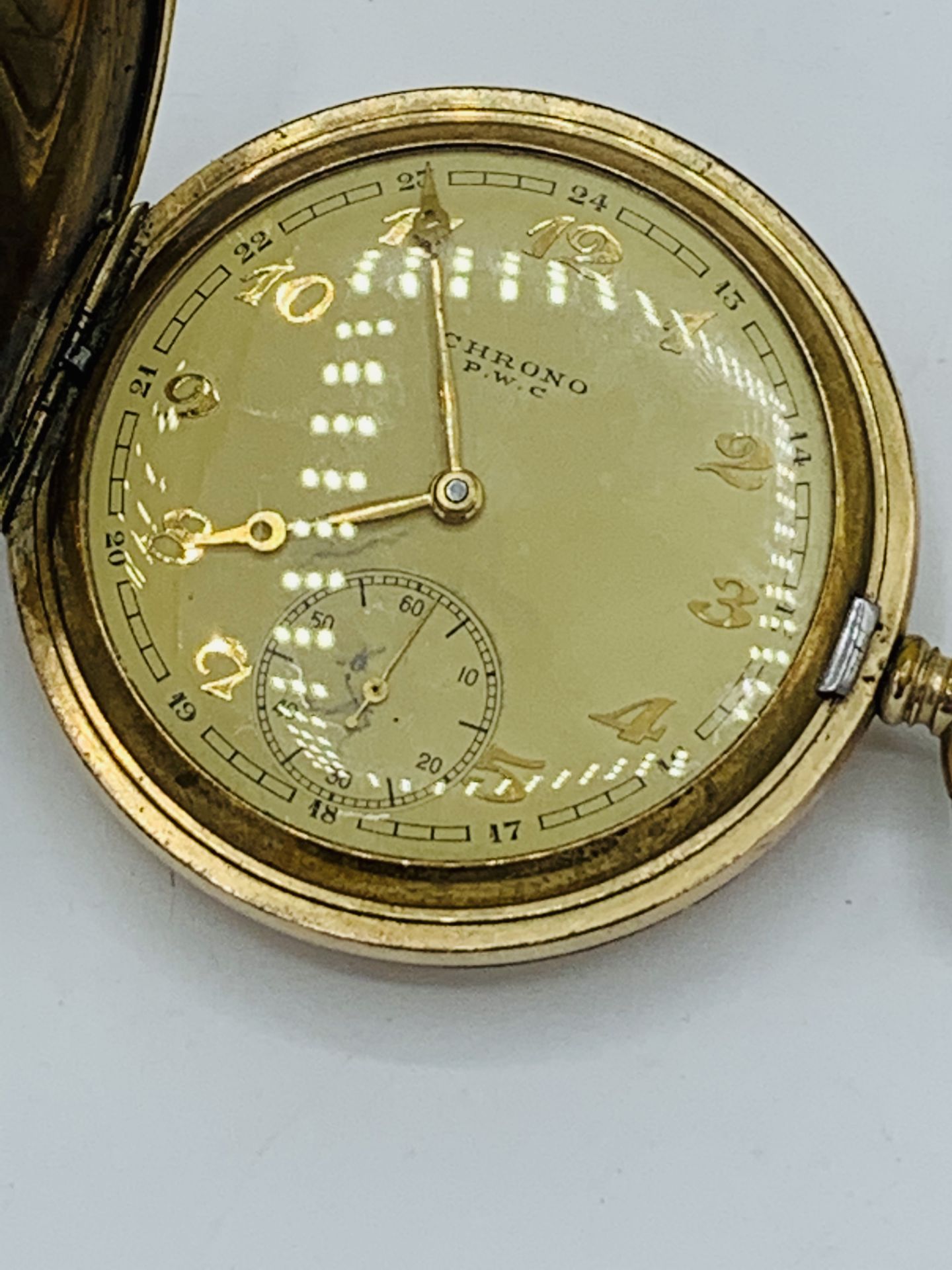 Swiss gold plated case hunter pocket watch, stamped Chrono P.W.C. - Image 3 of 5