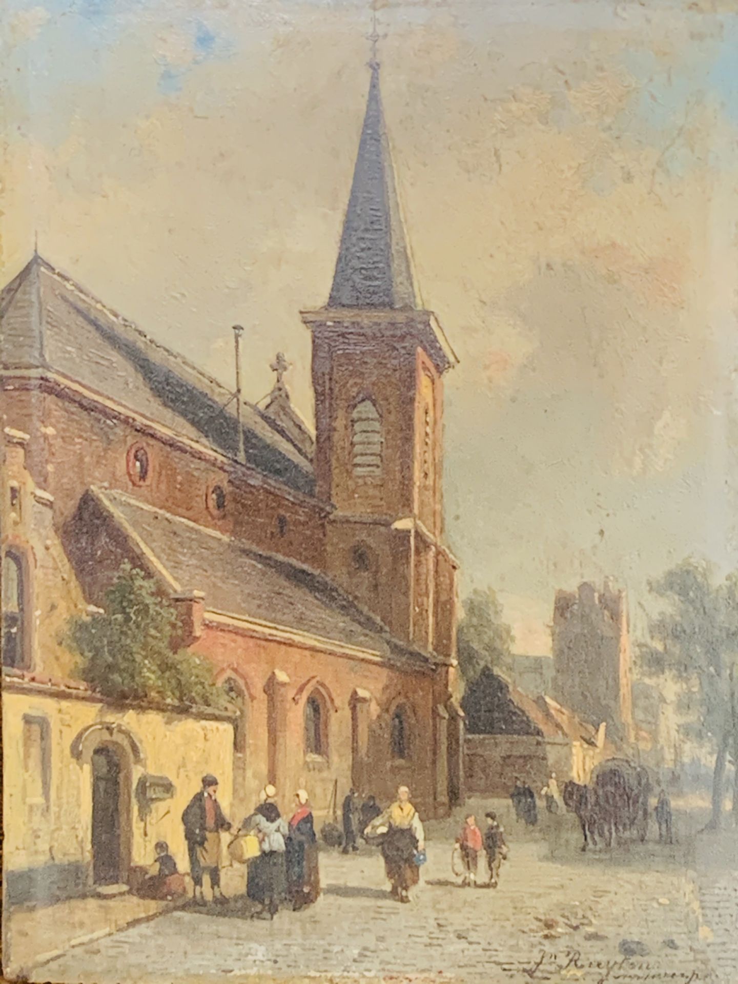 Oak framed oil on board Antwerp street scene signed Jan Ruyten (1813-81)