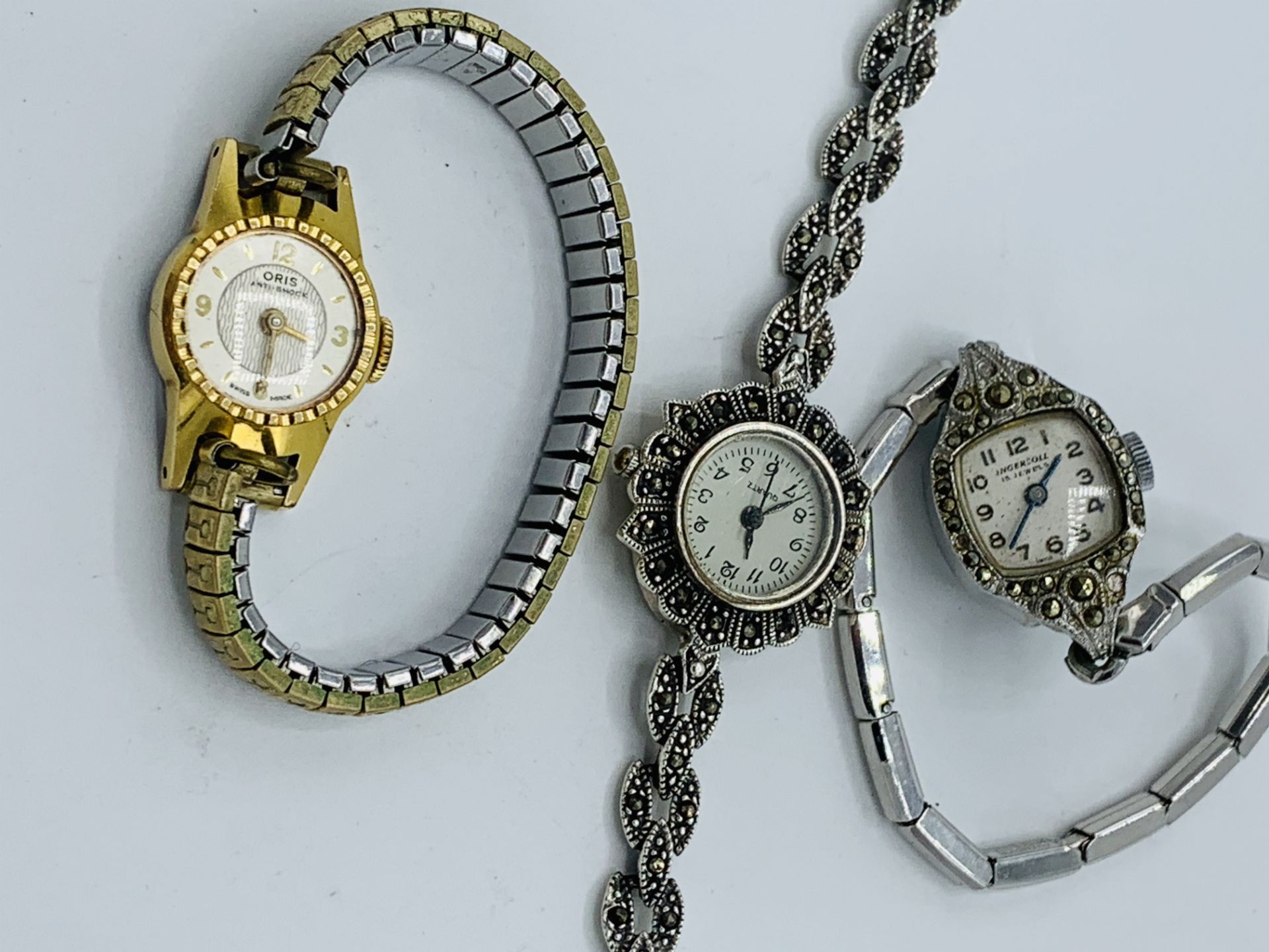 Lady’s wrist watch decorated with marcasite and 3 other watches