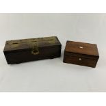 Mahogany travelling writing box with fitted interior, together with an Oriental style brass bound bo