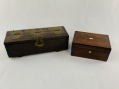 Mahogany travelling writing box with fitted interior, together with an Oriental style brass bound bo