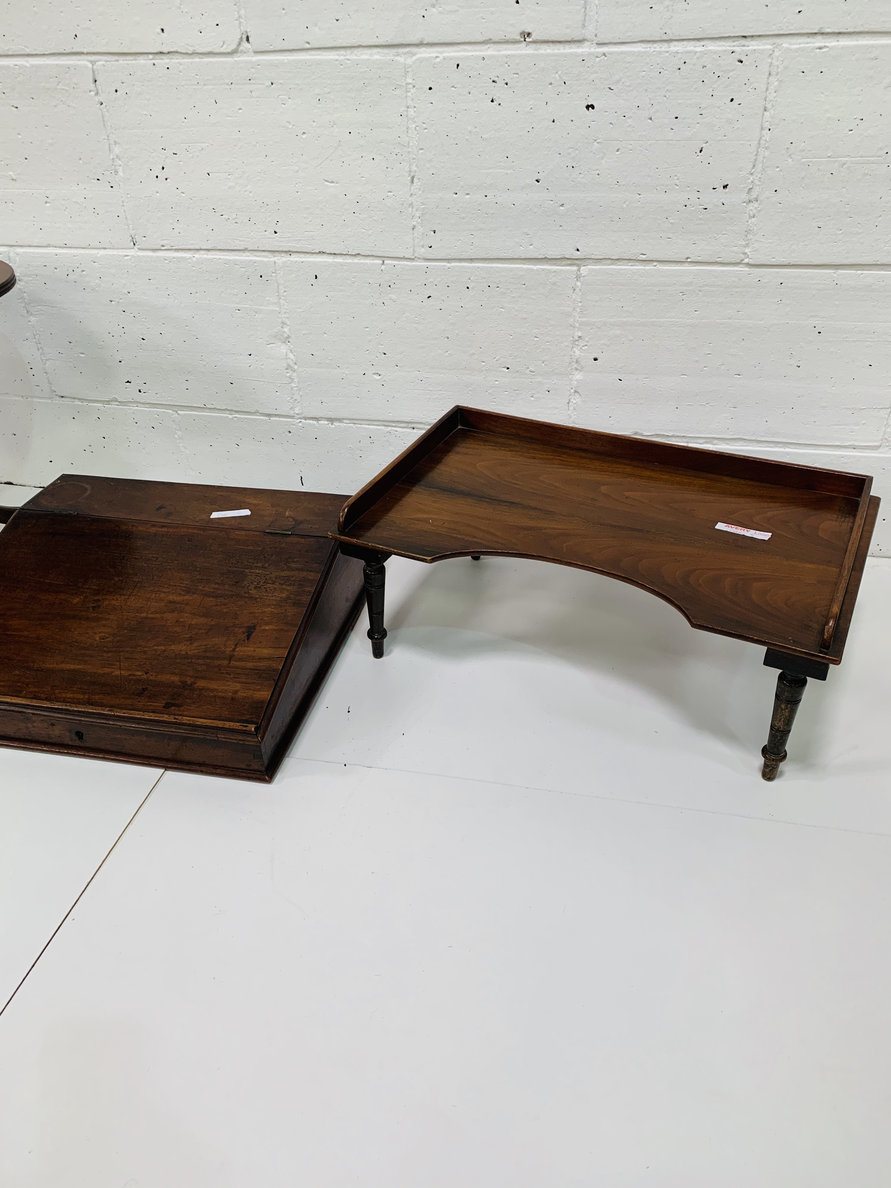 Mahogany oval tilt top wine table; mahogany lecturn; and a mahognay bed tray. - Image 3 of 4